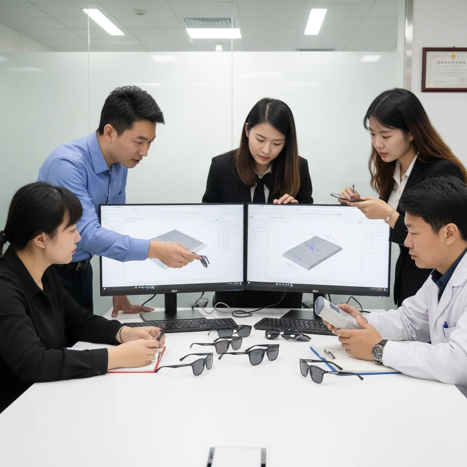 Engineering, design, and QC team reviewing eyewear prototypes around a table
