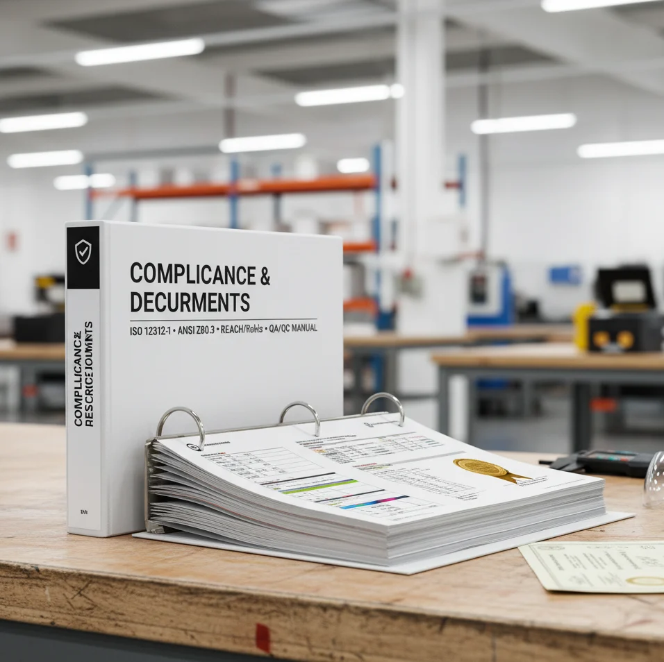 Compliance and reference documents binder on a factory desk