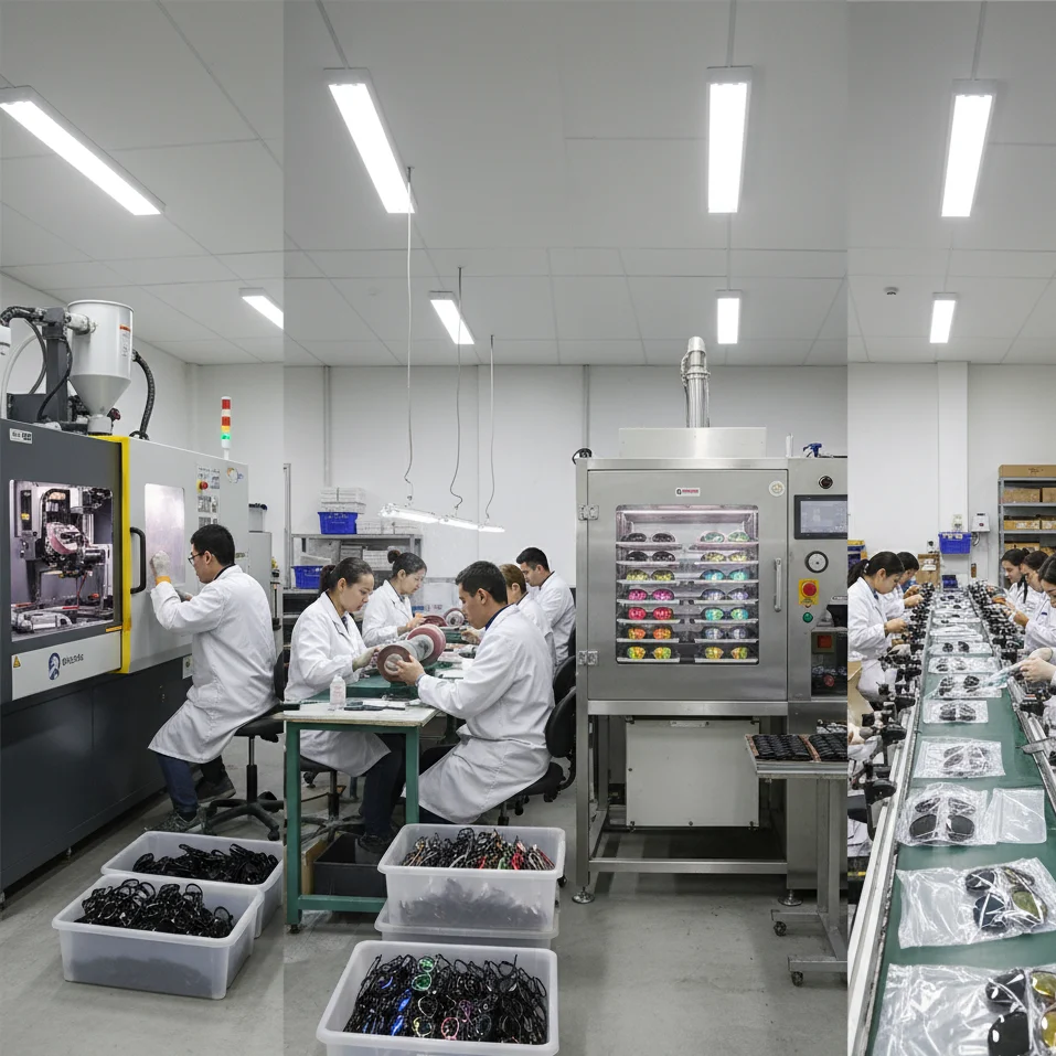 Eyewear factory production: injection molding, polishing, coating, assembly lines