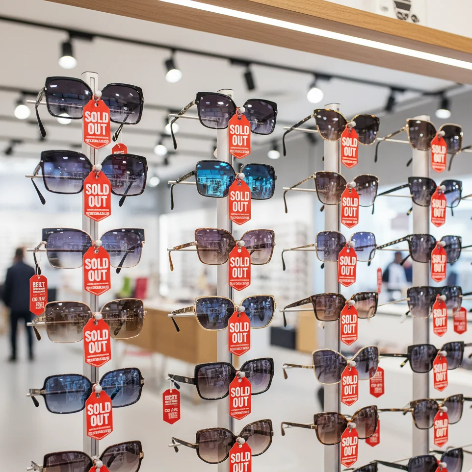Wall of sold-out tags and best-seller sunglasses displays