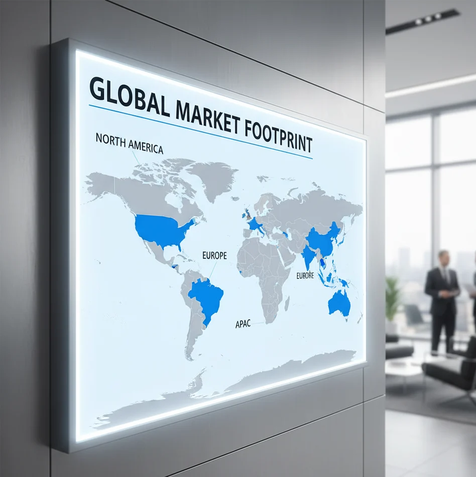 Market footprint map highlighting North America, Europe, and APAC regions