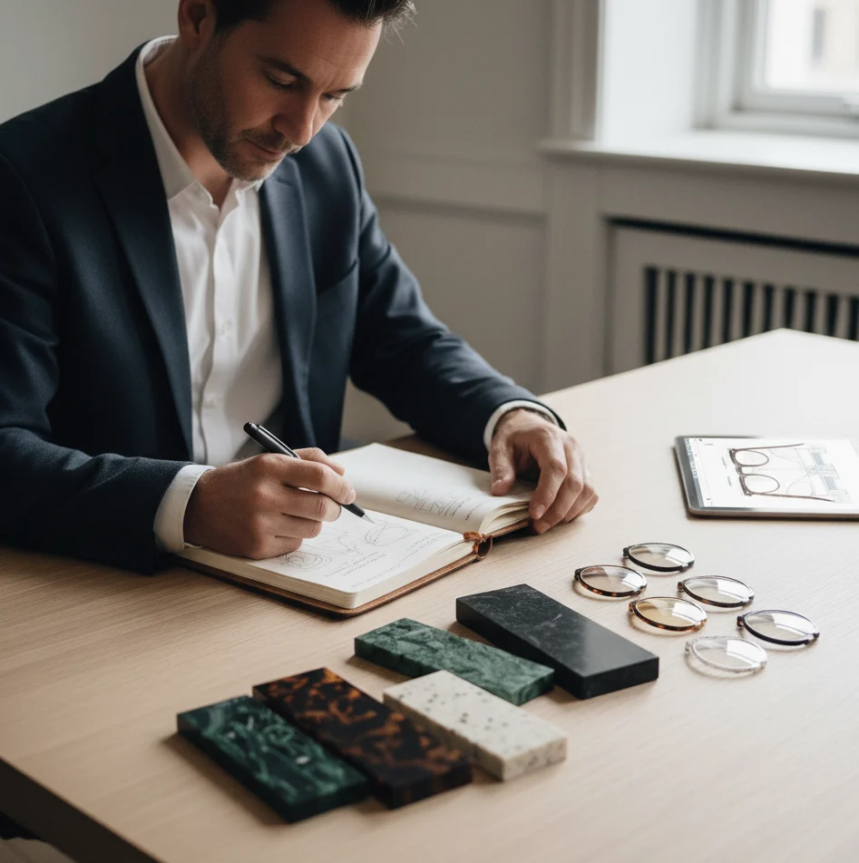 eye glasses, Sustainability desk: bio-acetate samples, recycled boxes, paperwork for documentation