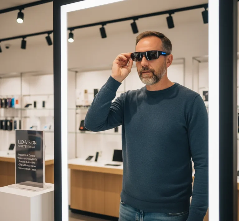 A customer trying smart sunglasses in a retail store with a product spec card visible