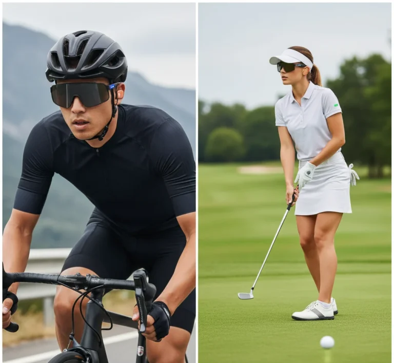 A cyclist and a golfer each wearing smart sunglasses appropriate to their sport
