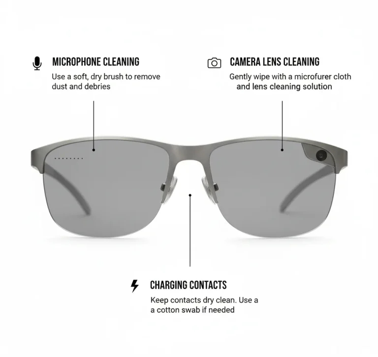 Care guide showing microphone, camera lens cleaning, and charging contacts for smart sunglasses