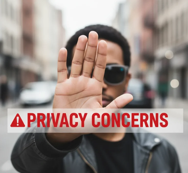 Close-up of a person holding up a hand to block a camera on smart sunglasses, pointing to privacy concerns