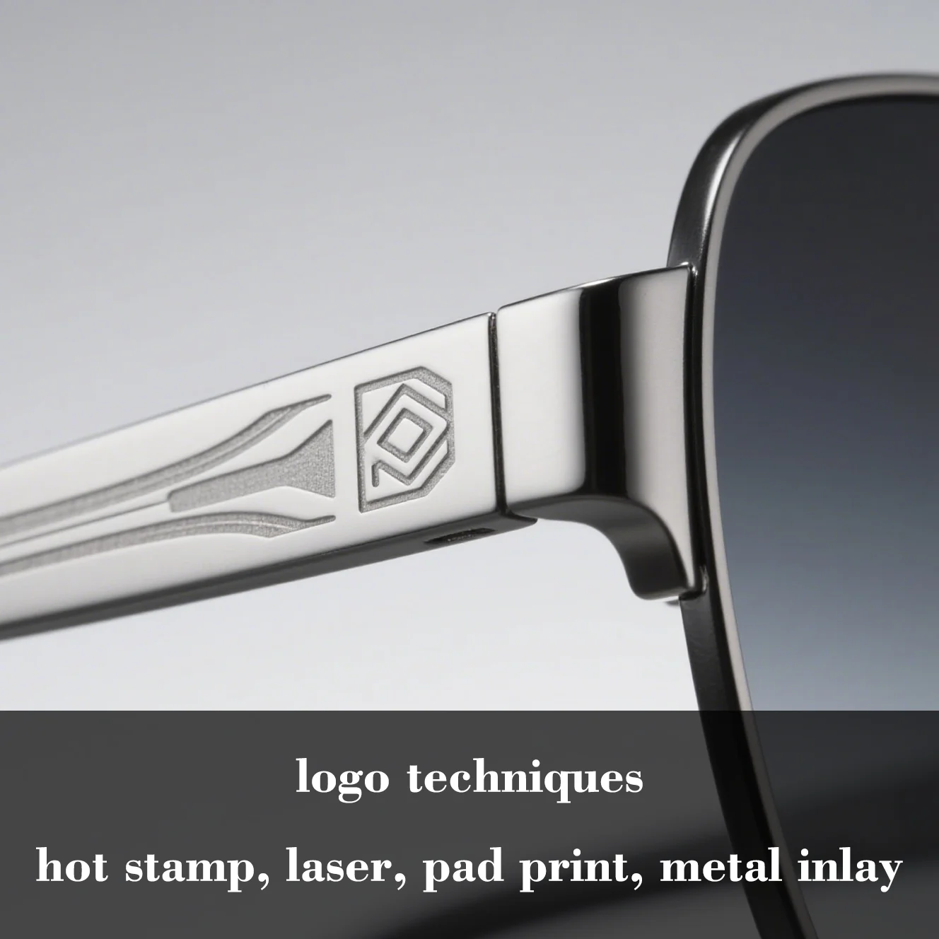 Close-ups of logo techniques: hot stamp, laser, pad print, metal inlay