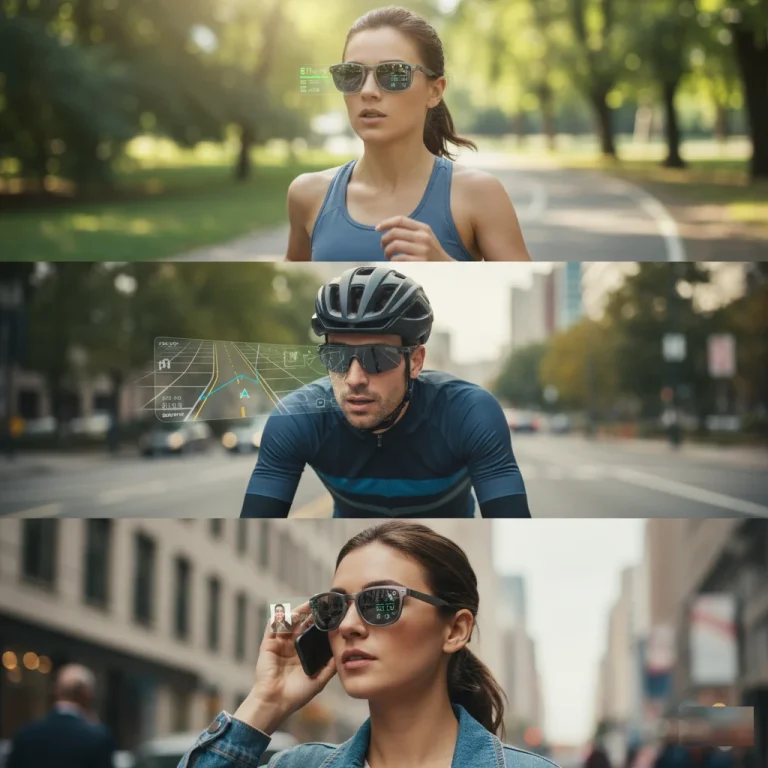 Collage showing a runner, a cyclist, and someone making a phone call while wearing smart sunglasses