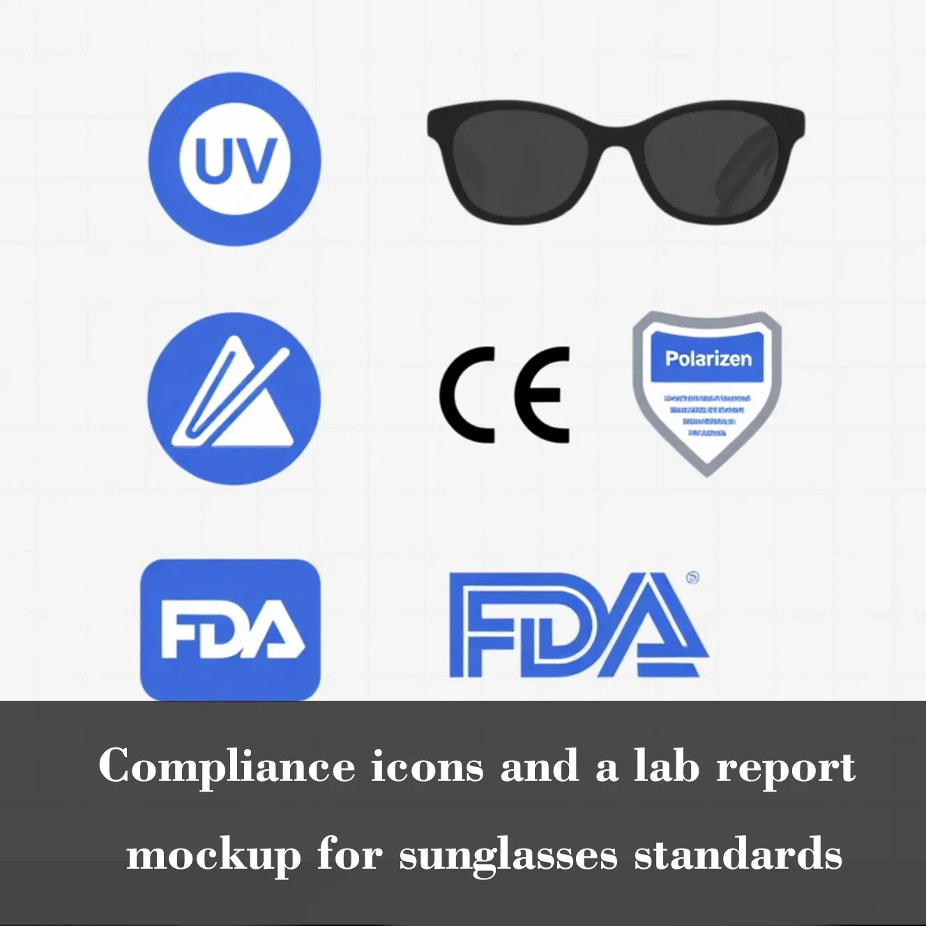 Compliance icons and a lab report mockup for sunglasses standards