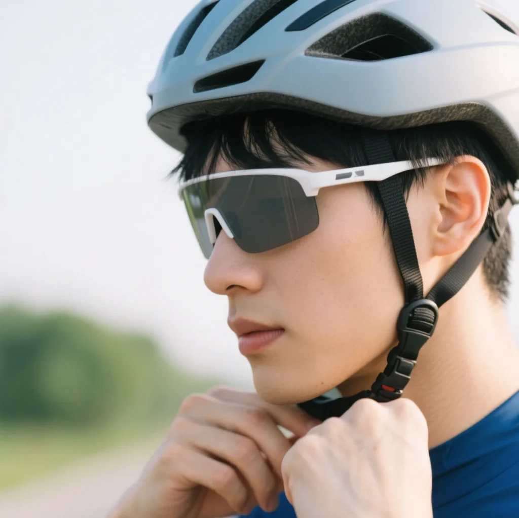 Cyclist adjusting helmet straps over thin temple sports sunglasses