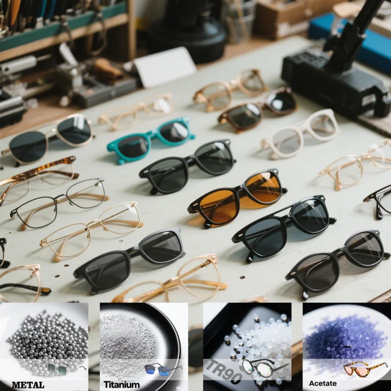 Different sunglasses frame materials laid out on workbench