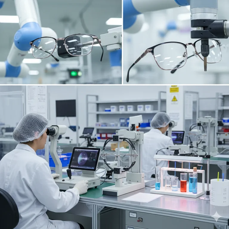 Eyewear manufacturing quality control process showing lens testing, frame durability checks, coating resistance, and hinge torque inspection