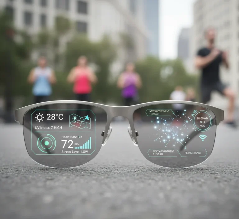 Futuristic concept of smart sunglasses showing AR overlays, health sensors and tiny HUD projections