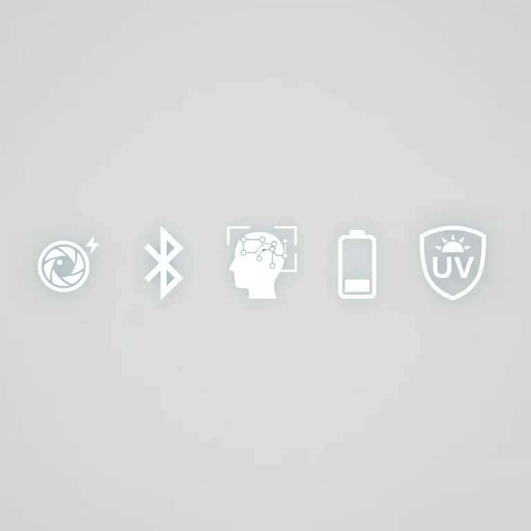 Icons representing camera, Bluetooth, HUD, battery and UV protection on smart sunglasses