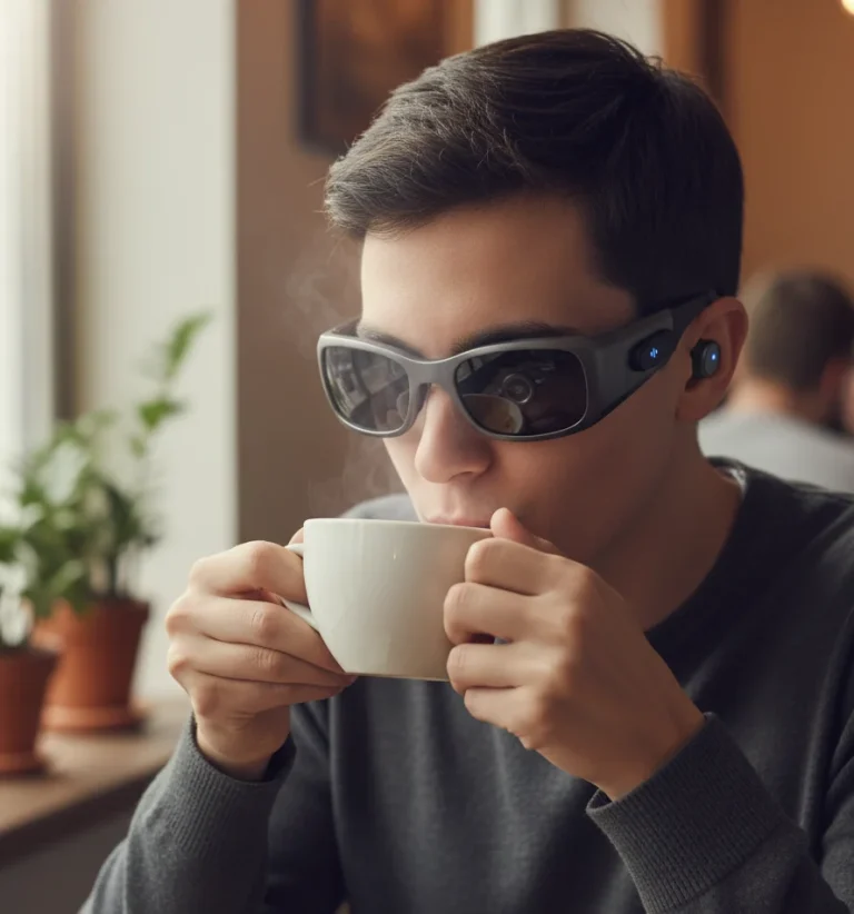 Person wearing smart sunglasses while sipping coffee, a small LED on the temple indicates camera standby