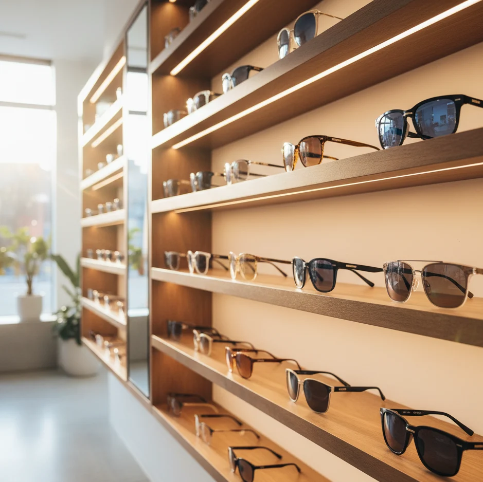 Sunlit showroom wall with finished sunglasses and eyeglasses