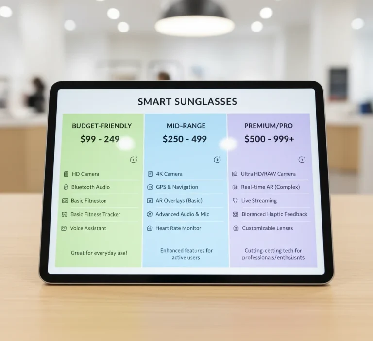 Tablet showing price ranges for smart sunglasses with sample features and value notes