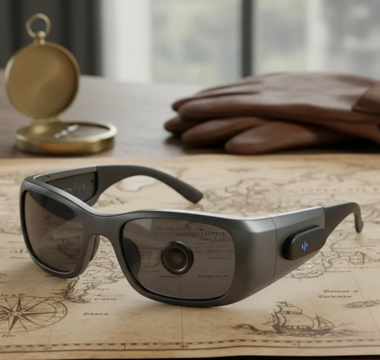 Pair of smart sunglasses with embedded camera and Bluetooth earpiece resting on a map
