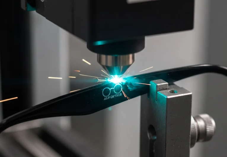 High-definition laser engraving for private label branding on custom sunglasses.