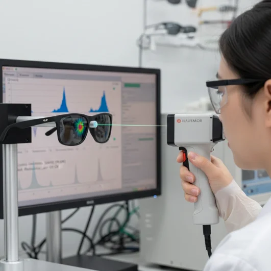 Cross-hatch coating adhesion test to ensure sunglasses paint durability.