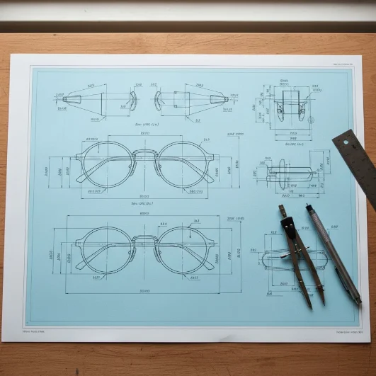 Detailed technical blueprint of sunglasses frame with hinge and screw specifications.