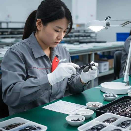 Manual assembly of sunglasses hinges using anti-loosening screw technology.