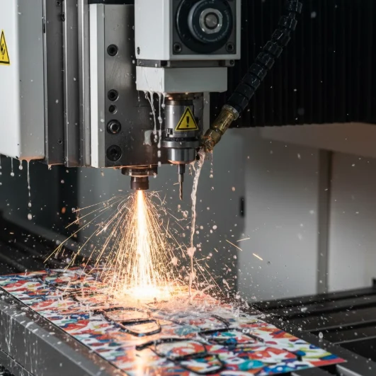 High-speed CNC machine cutting acetate sunglasses frames with 0.02mm precision.