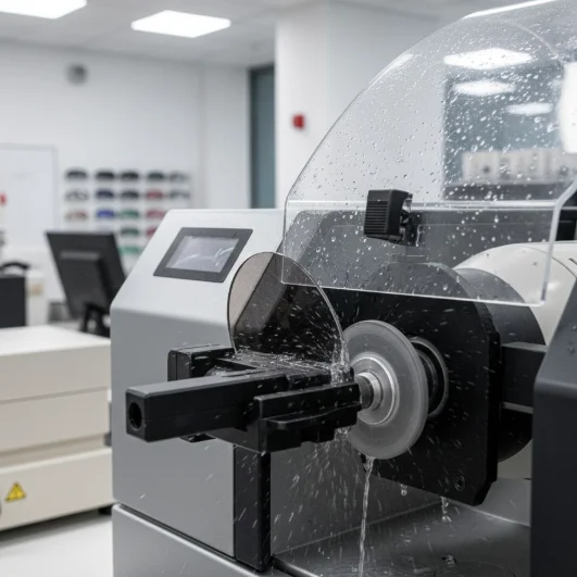 Diamond-blade lens edger cutting TAC polarized lenses to fit the frame curvature.