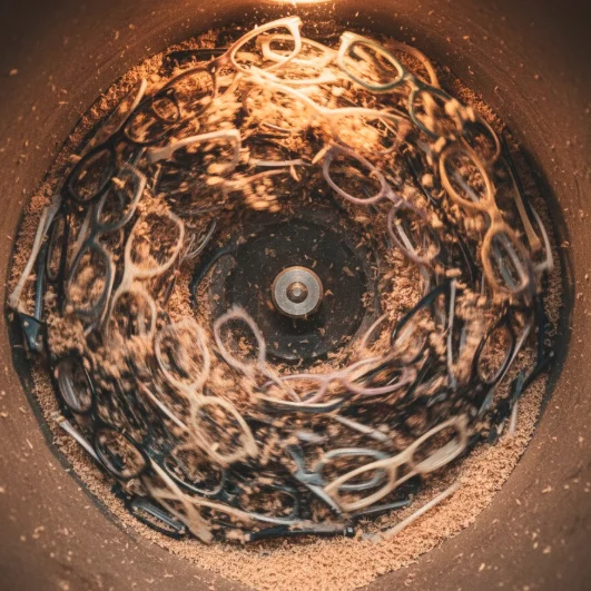 72-hour tumbling and polishing process with wood chips for a mirror-like eyewear finish.