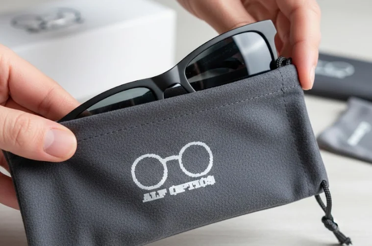 Individual packaging of sunglasses using biodegradable protective polybags.