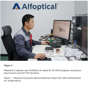 Alfoptical engineer designing 3D sunglasses model using SolidWorks for ergonomic precision.
