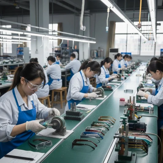 Technical insertion of metal wire core into acetate temples for structural integrity.