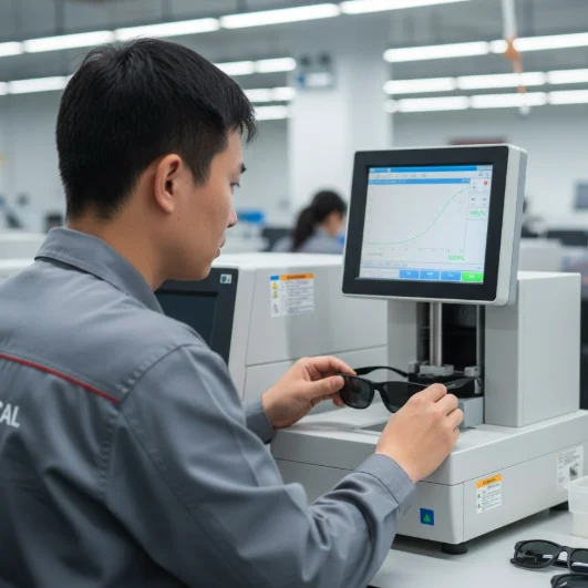 UV400 spectrophotometer test ensuring 100% UVA and UVB protection compliance.