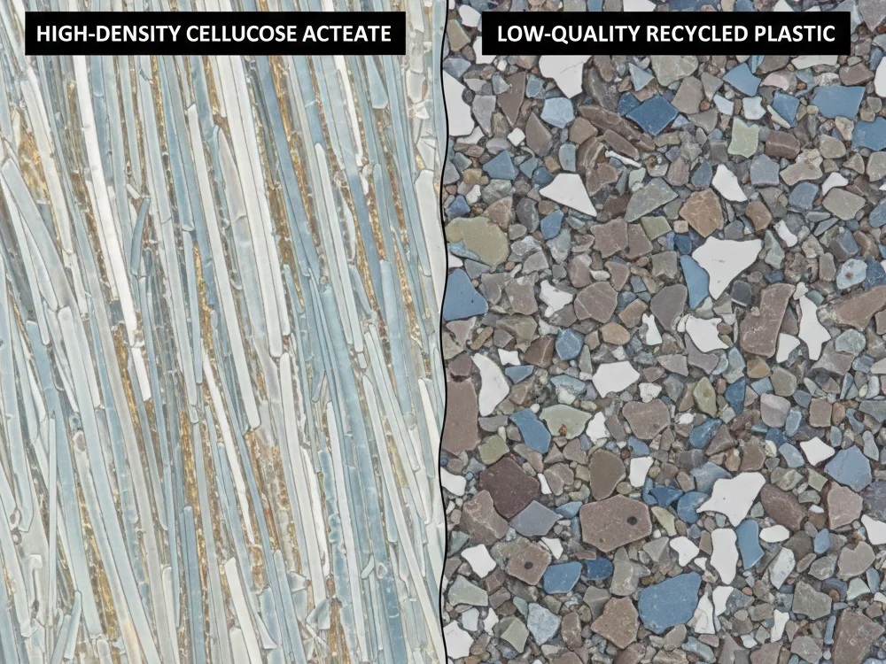 Technical Microscopic Analysis of Premium Eyewear Acetate Microscopic cross-section analysis of high-density cellulose acetate showing uniform polymer distribution and zero solvent residue for premium eyewear manufacturing.