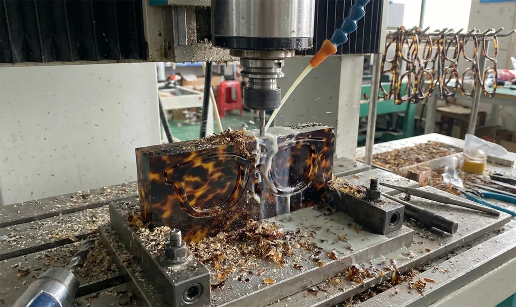 Hand-finishing process for acetate sunglasses frames Acetate sunglasses frames being polished and finished by hand