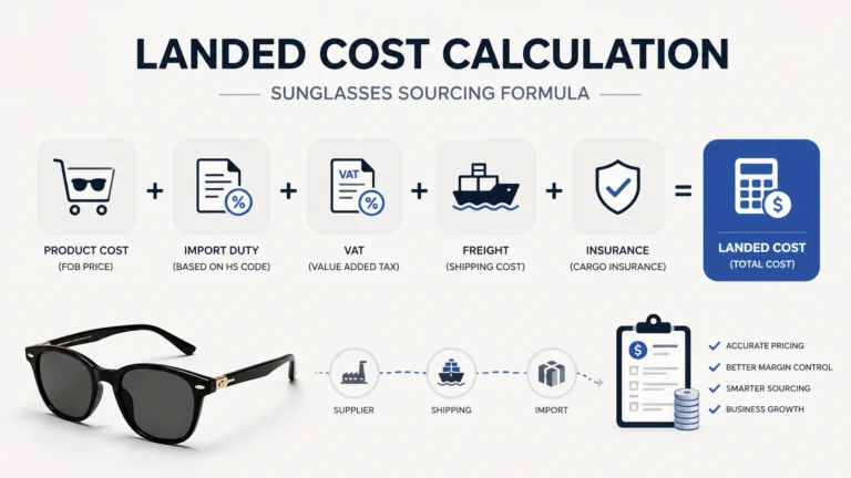 landed cost calculation import duty vat freight insurance sunglasses sourcing formula