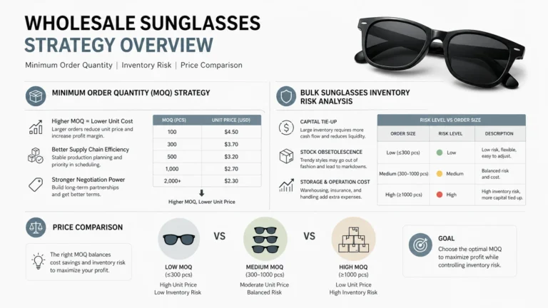 minimum order quantity strategy bulk sunglasses inventory risk vs price comparison