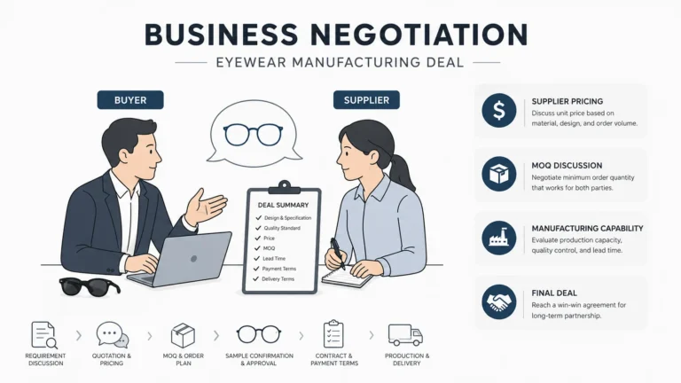 business negotiation supplier pricing moq discussion eyewear manufacturing deal