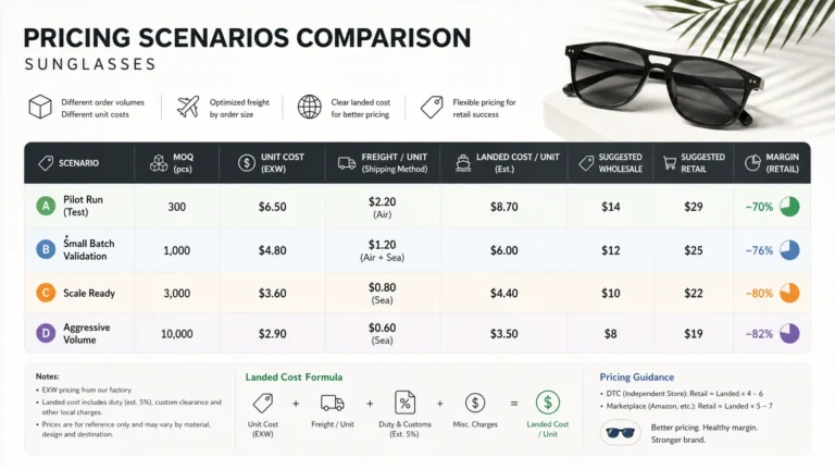 pricing scenarios comparison moq unit cost freight landed cost table sunglasses