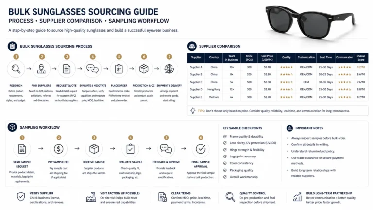 bulk sunglasses sourcing process supplier comparison sampling workflow