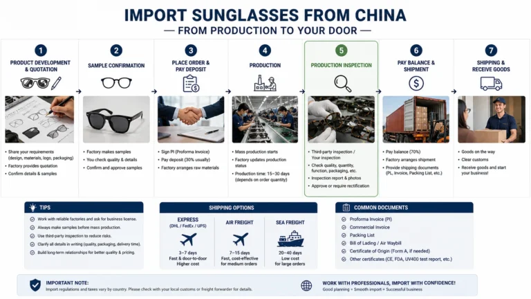 import sunglasses from china production inspection shipping process