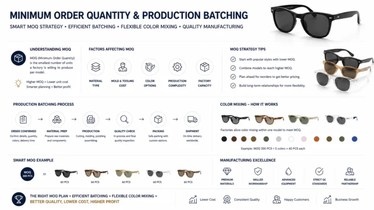 minimum order quantity sunglasses production batching color mixing manufacturing