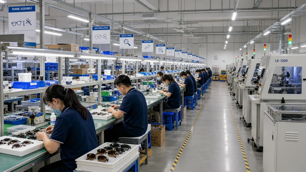Wide view of sunglasses factory production line with workers assembling frames and machines running