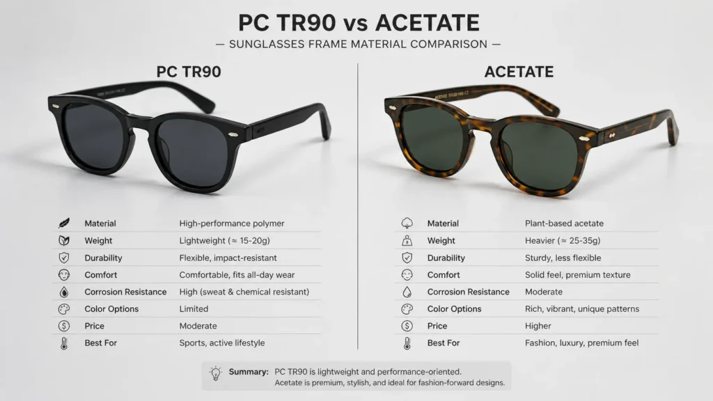 Comparison of PC TR90 and acetate sunglasses frame materials displayed side by side