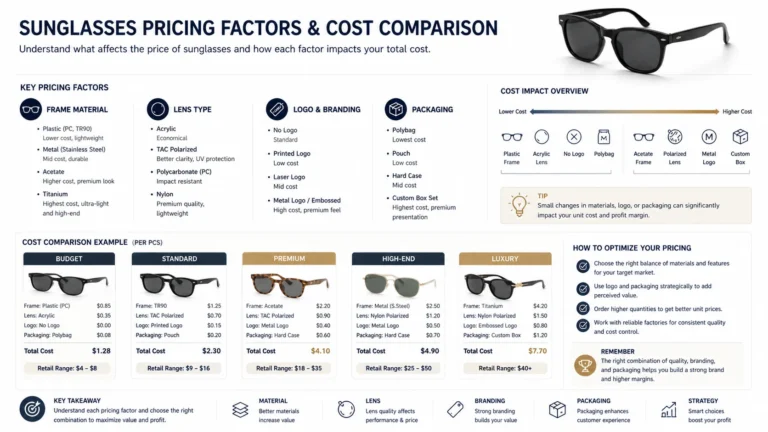 sunglasses pricing factors frame material lens type logo packaging cost comparison