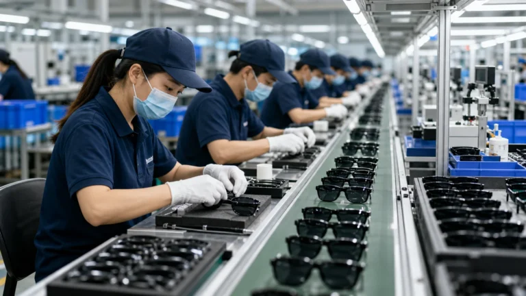 workers assembling bulk sunglasses on factory production line
