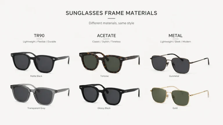 different sunglasses frame materials including TR90 acetate and metal frames