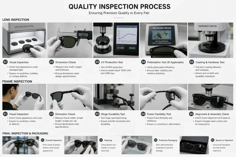 quality inspection process for sunglasses lenses and frames in factory